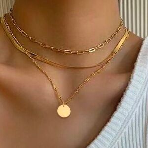 3pcs Stainless Steel Gold Chains Trendy Layering Round Pendant Necklaces set